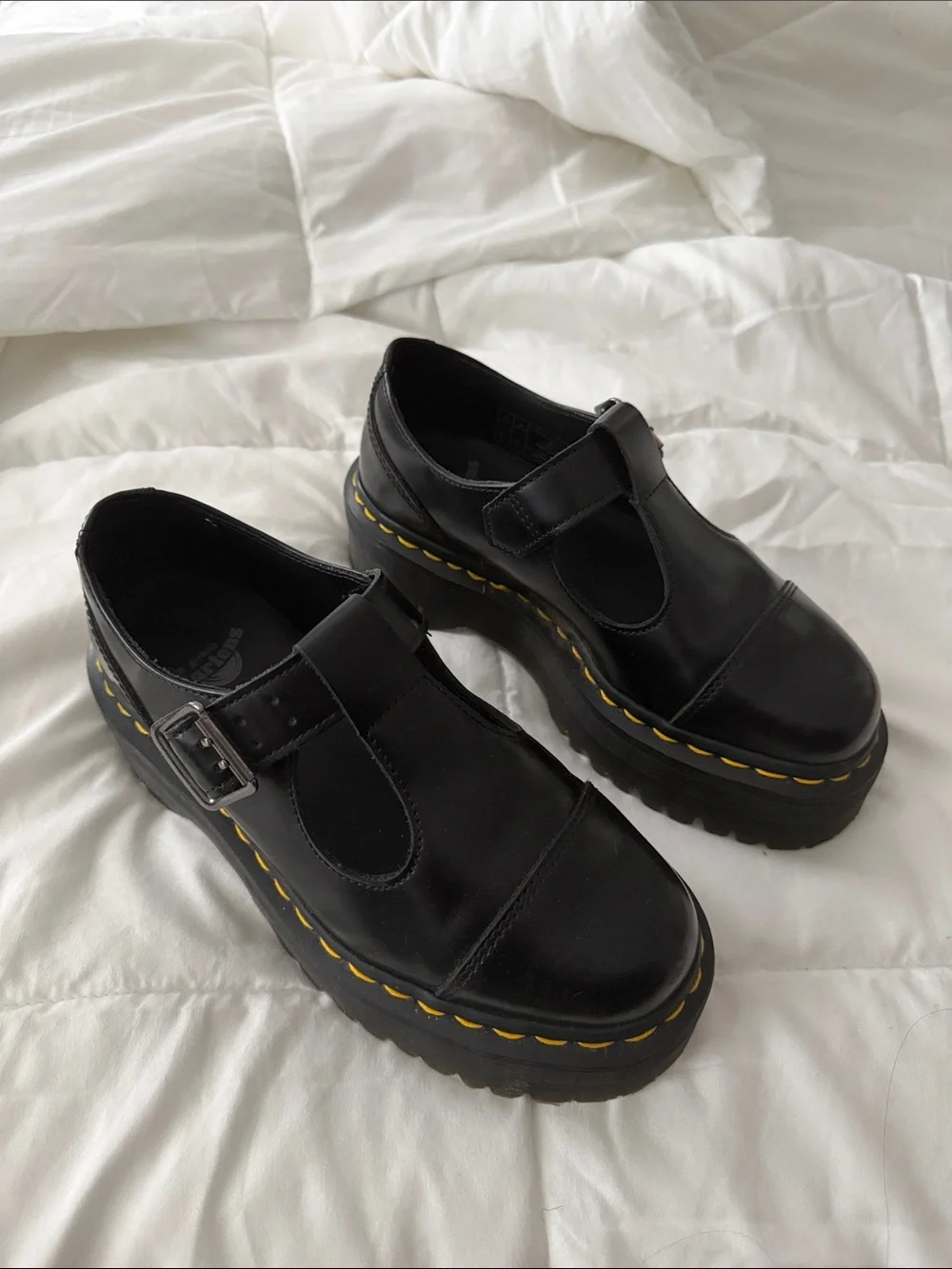 Dr. Martens Black Mary Jane Platform Shoes with Yellow Stitching